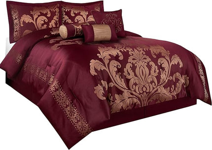 Chezmoi Collection Royale 7-Piece Jacquard Floral Comforter Set, Oversized King, Maroon/Gold - LeafyLoom