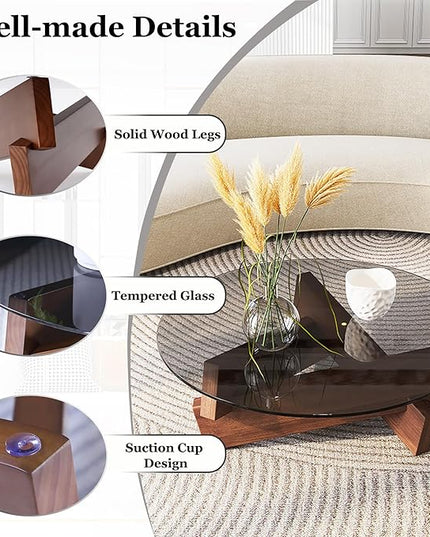 Coffee Table, Round Coffee Table for Living Room Modern Glass Coffee Table with Solid Wood Legs Farmhouse Mid Century Center Table Large Circle Cocktail Table (Black + Transparent, 35.4in) - LeafyLoom