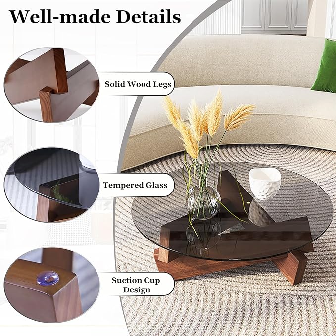 Coffee Table, Round Coffee Table for Living Room Modern Glass Coffee Table with Solid Wood Legs Farmhouse Mid Century Center Table Large Circle Cocktail Table (Black + Transparent, 35.4in) - LeafyLoom