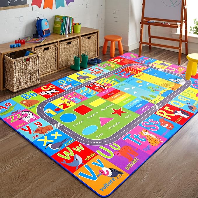 HOMORE Kids Educational Rug, 6x9 Kids Collection Area Rug for Learning Alphabet, Numbers, Colors, Season and Animal Words, Playmat for Classroom Playroom - LeafyLoom