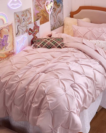 Bedsure Pink Twin Comforter Set for Girls - 5 Pieces Twin Bedding Sets, Pinch Pleat Pink Twin Bed in a Bag with Comforter, Sheets, Pillowcase & Sham - LeafyLoom