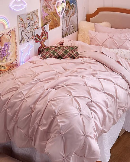 Bedsure Twin XL Comforter Set for Girls - Extra Long 5 Pieces Dorm Bedding Sets, Pinch Pleat Pink Bed in a Bag with Comforter, Sheets, Pillowcase & Sham - LeafyLoom