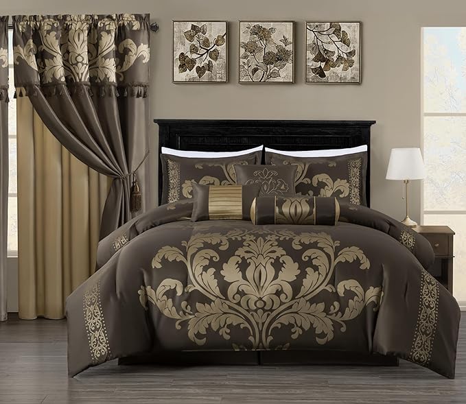 Chezmoi Collection Royale 7-Piece Jacquard Floral Comforter Set, Oversized Queen, Coffee/Gold - LeafyLoom