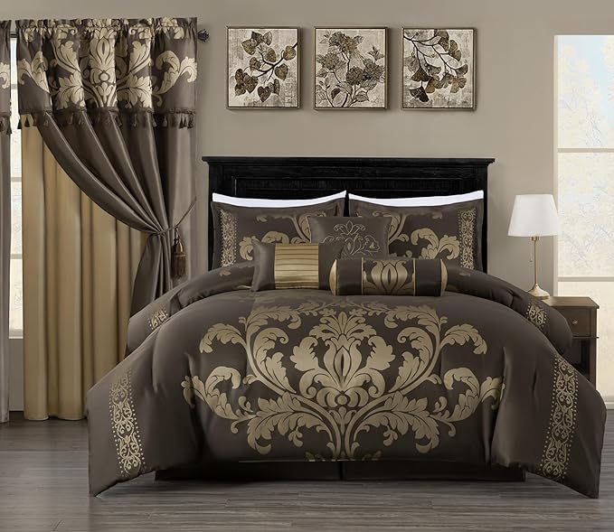 Chezmoi Collection 7-Piece Jacquard Floral Comforter Set (California King, Coffee/Gold) - LeafyLoom