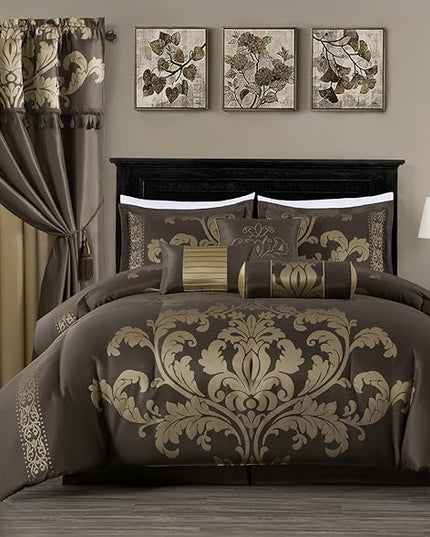 Chezmoi Collection 7-Piece Jacquard Floral Comforter Set (King, Coffee/Gold) - LeafyLoom