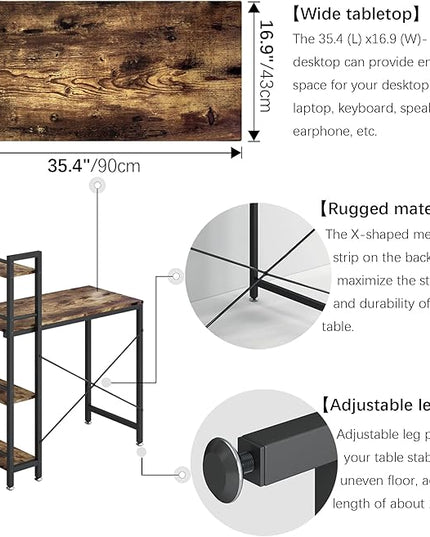 4NM 35" Small Computer Desk with 4-Tier Bookshelf, Home Office Desk Writing Workstation Study Table Multipurpose for Small Space Work - Rustic Brown and Black - LeafyLoom