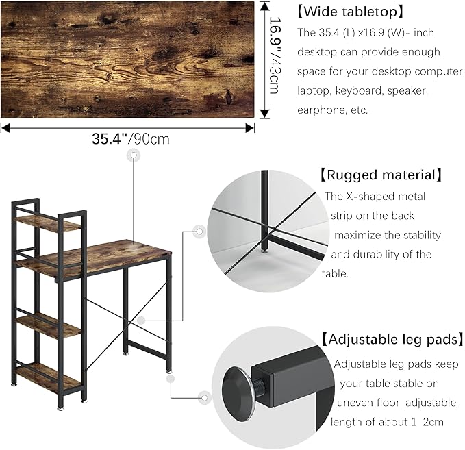 4NM 35" Small Computer Desk with 4-Tier Bookshelf, Home Office Desk Writing Workstation Study Table Multipurpose for Small Space Work - Rustic Brown and Black - LeafyLoom