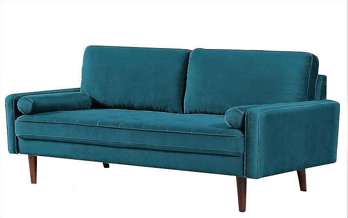US Pride Furniture Velvet 70" Sofa Couch, Iconic Mid-Century Style Living Room Furniture with Contemporary Silhouette, Button Tufting and Wood Legs, Includes 2 Bolster Pillows, Greenish Blue - LeafyLoom