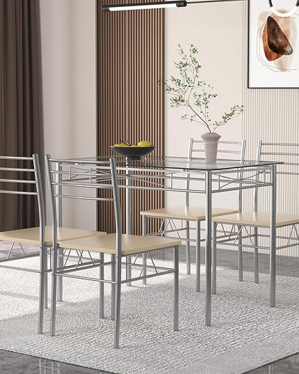 VECELO 5 Piece Dining Table Set for 4 with Chairs, Glass Tabletop, Small Space, Silver - LeafyLoom