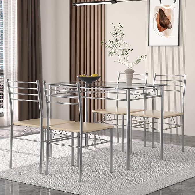 VECELO 5 Piece Dining Table Set for 4 with Chairs, Glass Tabletop, Small Space, Silver - LeafyLoom