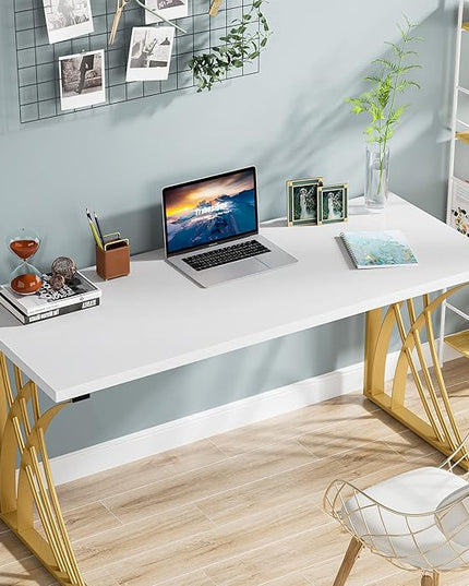 55’’ Large Modern Computer Desk, White & Gold Luxury Laptop PC Student Table, Makeup Vanity Table with Thick Frame & Strong Legs, Sturdy Writing Workstation for Home & Office - LeafyLoom