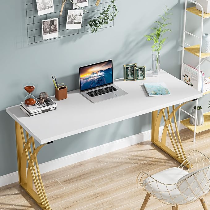 55’’ Large Modern Computer Desk, White & Gold Luxury Laptop PC Student Table, Makeup Vanity Table with Thick Frame & Strong Legs, Sturdy Writing Workstation for Home & Office - LeafyLoom