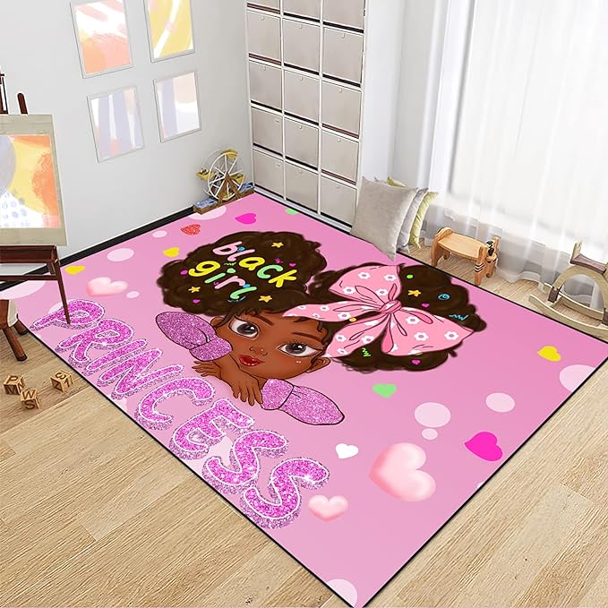 Black Girl Area Rug for Bedroom African American Rugs for Girls Room Princess Rug Kids Rugs for Bedroom Girls African American Girls Carpet for Living Room Teen Girls Yoga Mats, Pink, 4'×5' - LeafyLoom