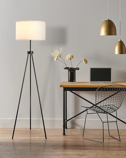 HOMCOM 59.75" Tripod Floor Lamp with Pull Chain Standing, Fabric Lampshade E26 Lamp Holder Steel for Living Room, Bedroom, Office, Black - LeafyLoom