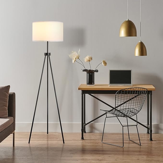 HOMCOM 59.75" Tripod Floor Lamp with Pull Chain Standing, Fabric Lampshade E26 Lamp Holder Steel for Living Room, Bedroom, Office, Black - LeafyLoom