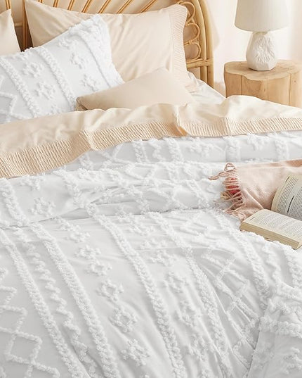 Bedsure Twin/Twin XL Comforter Set Dorm Bedding - White Boho Bedding Comforter Set, 2 Pieces Farmhouse Shabby Chic Embroidery Bed Set, Soft Jacquard Tufted Comforter for College - LeafyLoom