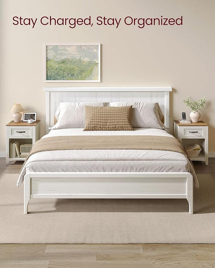 VASAGLE Farmhouse Nightstand with Charging Station, Bedside Table with Drawer, Open Compartment, Side Table with Storage, for Bedroom, Rustic White and Honey Brown ULET659K41 - LeafyLoom