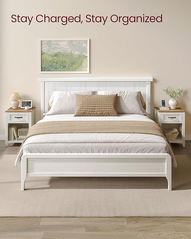 VASAGLE Farmhouse Nightstand with Charging Station, Bedside Table with Drawer, Open Compartment, Side Table with Storage, for Bedroom, Rustic White and Honey Brown ULET659K41 - LeafyLoom