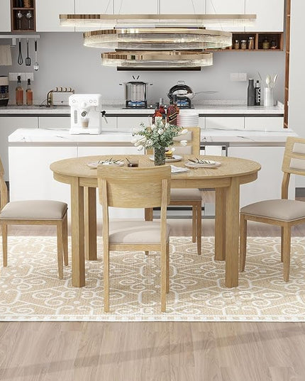 Multifunctional Farmhouse Extendable Round, 2 Small Drawers and 4 Upholstered Chairs, Room, Kitchen, 5 Piece Dining Table Set, Natural Wood Wash 15 - LeafyLoom