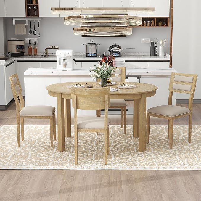 Multifunctional Farmhouse Extendable Round, 2 Small Drawers and 4 Upholstered Chairs, Room, Kitchen, 5 Piece Dining Table Set, Natural Wood Wash 15 - LeafyLoom