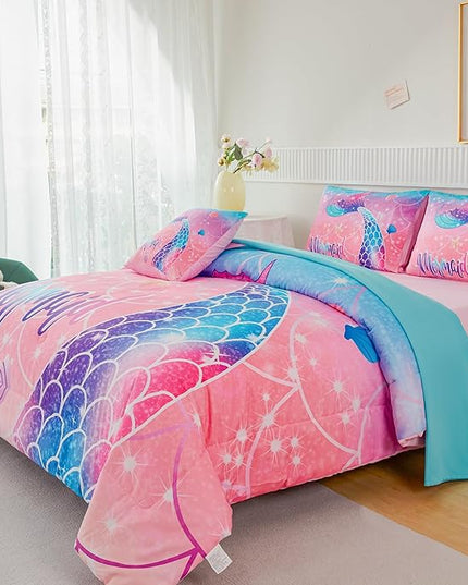 RYNGHIPY Mermaid Kids Girls Comforter Set Queen Size Pink Blue Gradient Fish Tail Bed in a Bag - includes Comforter & Sheet Set for Teens Girls Super Soft Kids Bedding - LeafyLoom
