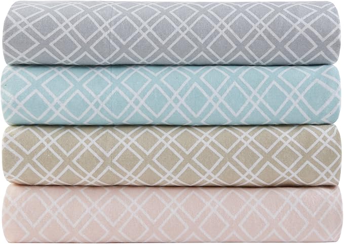 Comfort Spaces Cotton Flannel Breathable Warm Deep Pocket Sheets with Pillow Case Bedding, Queen, Aqua Geo 4 Piece - LeafyLoom