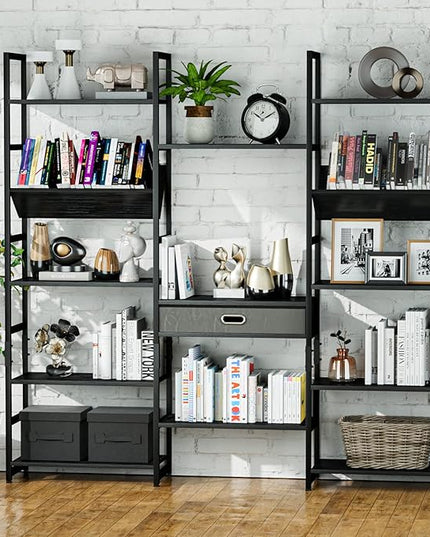 NUMENN Triple Wide 5 Tier Bookshelf, Adjustable Rustic Industrial Style Book Shelves, Modern Bookcases and Bookshelves Furniture for Bedroom, Living Room and Home Office, Elegant Black - LeafyLoom