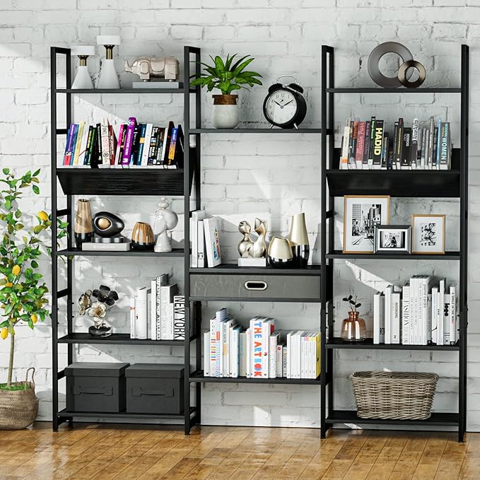 NUMENN Triple Wide 5 Tier Bookshelf, Adjustable Rustic Industrial Style Book Shelves, Modern Bookcases and Bookshelves Furniture for Bedroom, Living Room and Home Office, Elegant Black - LeafyLoom