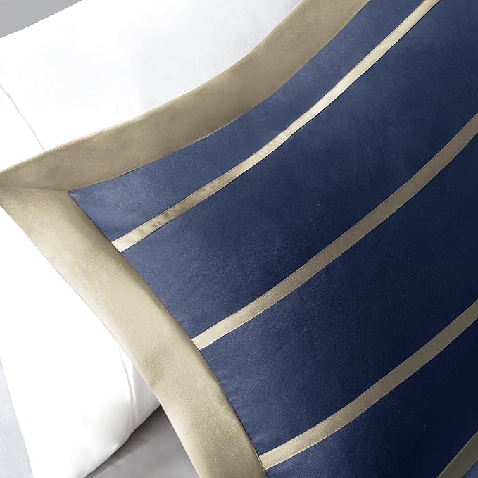 Mi Zone Ashton Casual Comforter Set, Vibrant Colorblock Design, Modern Bedding Geometric Stripes All Season Cover, Matching Shams, Decorative Pillow, Twin/Twin XL, Khaki/Navy, 3 Piece - LeafyLoom