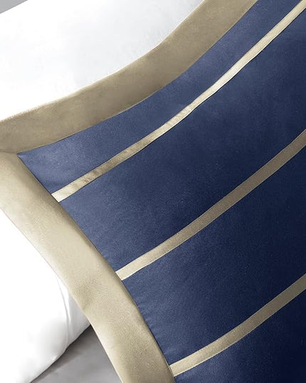 Mi Zone Ashton Casual Comforter Set, Vibrant Colorblock Design, Modern Bedding Geometric Stripes All Season Cover, Matching Shams, Decorative Pillow, King/Cal King, Khaki/Navy, 4 Piece - LeafyLoom