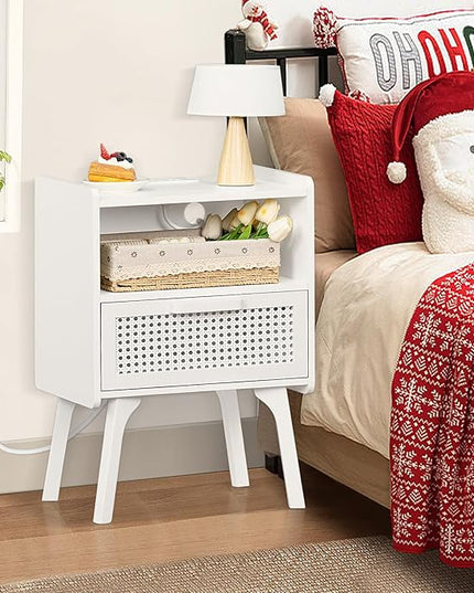 Lerliuo Rattan Nightstands set of 2 with Charging Station, Side Table with Drawer Open Shelf, Cane Accent Bedside End Table with Solid Wood Legs, Night Stand for Bedroom, Dorm and Small Spaces (White) - LeafyLoom