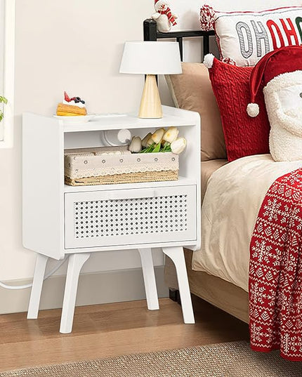 Lerliuo Rattan Nightstand with Charging Station, Side Table with Drawer Open Shelf, Cane Accent Bedside End Table with Solid Wood Legs, Night Stand for Bedroom, Dorm and Small Spaces (White) - LeafyLoom