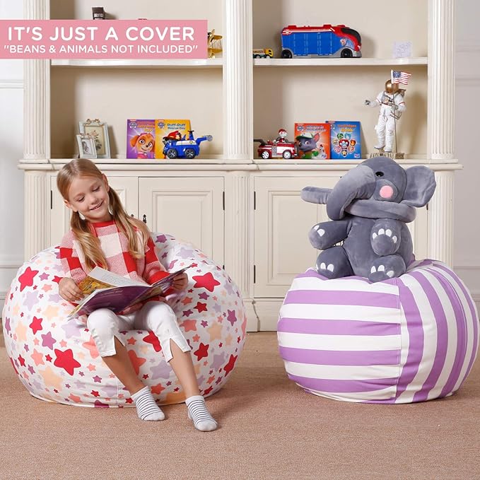 Aubliss Stuffed Animal Bean Bag Storage Chair, Beanbag Covers Only for Organizing Plush Toys, Turns into Bean Bag Seat for Kids When Filled, Large 38"-Canvas Pattern Sparkling Star - LeafyLoom