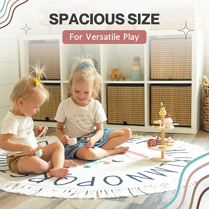 Round ABC Rug for Kids Playroom - 4ft Lovely Boho Rainbow Rug, Ultra Soft & Non Slip - Alphabet Circle Area Carpet for Nursery Toddler Baby Room - Colorful Cute Decor Mat for Girl & Boy, 47 inch - LeafyLoom