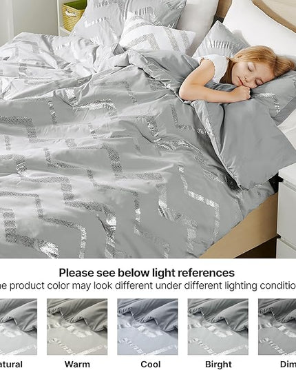 Codi Ziggy Metallic Grey Comforter Set Twin/Twin XL Size, Silver Bedroom Decor for Girls Room, 3 Piece Bedding Sets (2 Matching Sham + 1 Decorative Pillow) - LeafyLoom