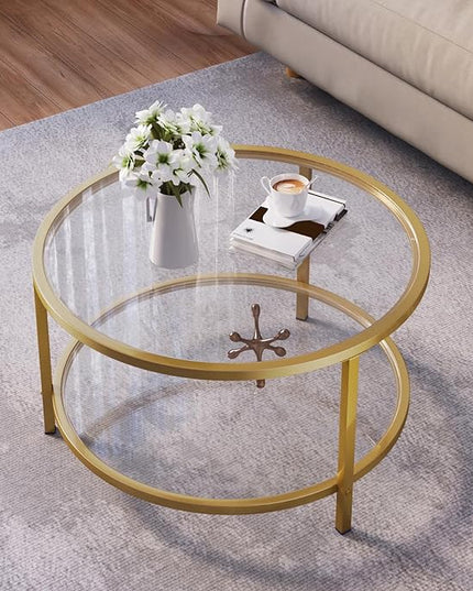 SAYGOER Round Glass Coffee Table 2 Tier Coffee Tables with Storage Shelf for Large or Small Space Modern Simple Center Table with Gold Frame for Living Room Home Office, Easy Assembly… - LeafyLoom