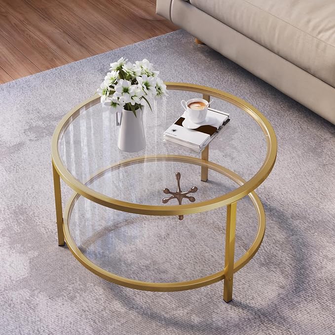 SAYGOER Round Glass Coffee Table 2 Tier Coffee Tables with Storage Shelf for Large or Small Space Modern Simple Center Table with Gold Frame for Living Room Home Office, Easy Assembly… - LeafyLoom