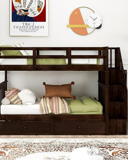 Bunk Bed with Stairs Storage, Twin Over Twin Size, Wooden Stairway Bunkbeds w/Trundle, for Kids Teens Bedroom, Detachable into Two Bedframe, Espresso - LeafyLoom