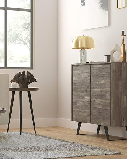 SIMPLIHOME Lowry SOLID ACACIA WOOD and Metal 39 Inch Wide Modern Industrial Medium Storage Cabinet in Distressed Grey, For the Living Room, Entryway and Family Room - LeafyLoom