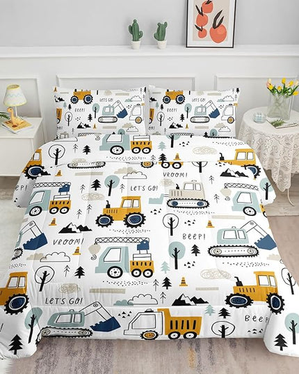 Datura home Kids Cartoon Excavator Bedding Comforter Sets for Boy and Girls,Construction Truck Bulldozer Tree Pattern Comforter Set with 2 Pillowcase and 1 Comforter(Excavator Full) - LeafyLoom