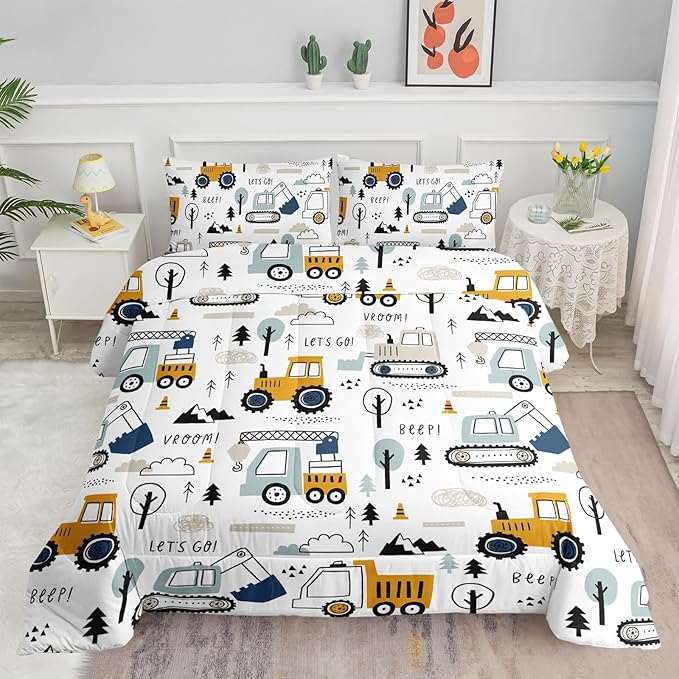 Datura home Kids Cartoon Excavator Bedding Comforter Sets for Boy and Girls,Construction Truck Bulldozer Tree Pattern Comforter Set with 2 Pillowcase and 1 Comforter(Excavator Queen) - LeafyLoom