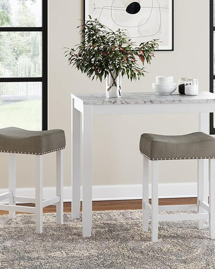 Nathan James Viktor 3 Piece Dining Set, Heigh Kitchen Counter Pub or Breakfast Table with Marble Top and Fabric Wood Base Seat, Light Gray/White - LeafyLoom