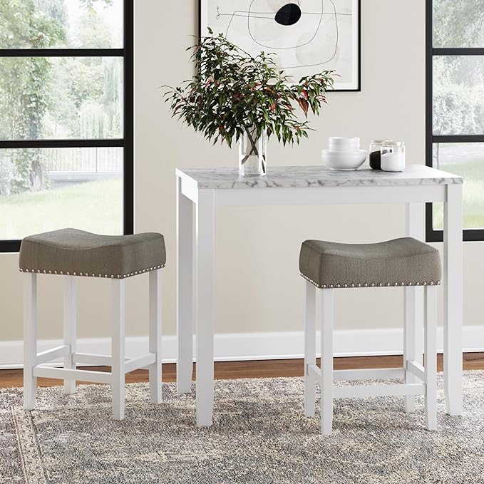 Nathan James Viktor 3 Piece Dining Set, Heigh Kitchen Counter Pub or Breakfast Table with Marble Top and Fabric Wood Base Seat, Light Gray/White - LeafyLoom