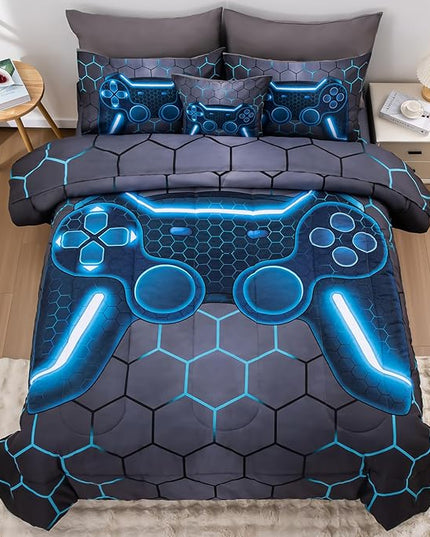 8Pcs Game Console Comforter Set with Sheets for Boys Girls Kids Teens, Geometric Gaming Themed Bed in A Bag Twin Size, Blue 3D Video Gamer Controller Bedroom Decor Bedding Set-Blue - LeafyLoom