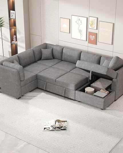 U Shaped Reversible Pull Out Sleeper Sectional Sofa Convertible Corner Couch Bed with Storage Chaise Lounge , 6 Seater Chenille Upholstered Sofa&Couch wth USB Ports, 2 Power Sockets for Living Room - LeafyLoom