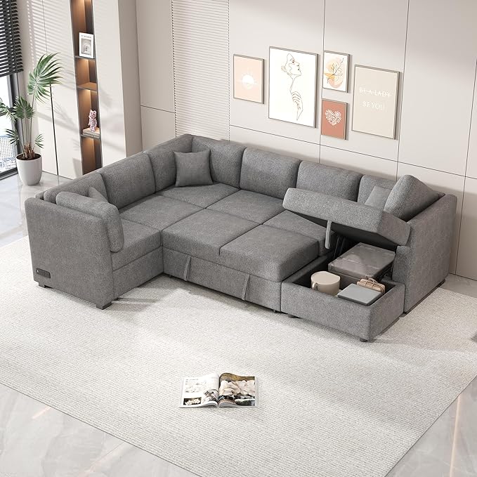 U Shaped Reversible Pull Out Sleeper Sectional Sofa Convertible Corner Couch Bed with Storage Chaise Lounge , 6 Seater Chenille Upholstered Sofa&Couch wth USB Ports, 2 Power Sockets for Living Room - LeafyLoom