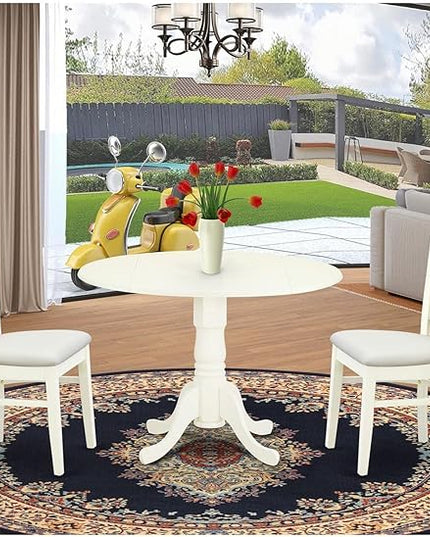 East West Furniture Dublin 3 Piece Modern Set Contains a Round Wooden Table with Dropleaf and 2 Linen Fabric Upholstered Dining Chairs, 42x42 Inch, DLVA3-LWH-C - LeafyLoom