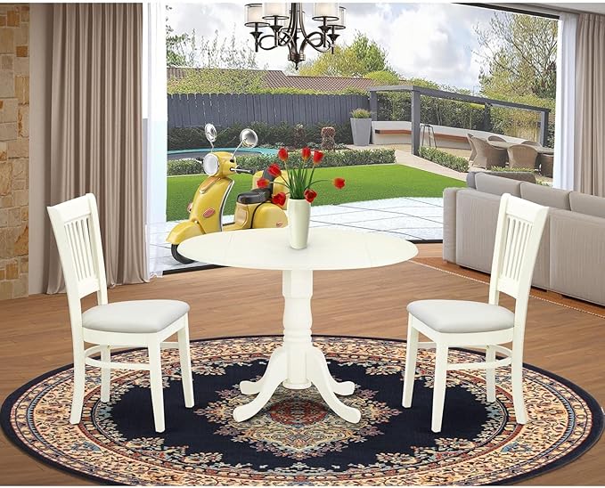 East West Furniture Dublin 3 Piece Modern Set Contains a Round Wooden Table with Dropleaf and 2 Linen Fabric Upholstered Dining Chairs, 42x42 Inch, DLVA3-LWH-C - LeafyLoom