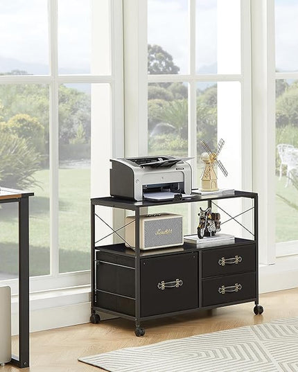 VECELO Fabric Lateral Filing Cabinet Rolling Printer Fits Letter Size, 3 Drawers Mobile Stand with Open Storage Shelf,for Home Office,Vintage Black - LeafyLoom