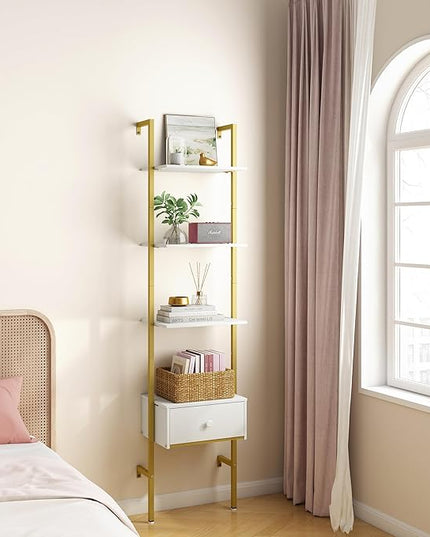 Tajsoon Ladder Shelf, Tall Bookcase with Storage Drawers, 4-Tier Wood Wall Mounted Bookshelf, Open Display Rack, Storage Shelves for Bedroom, Home Office, Collection, Plant Flower, Gold & White - LeafyLoom